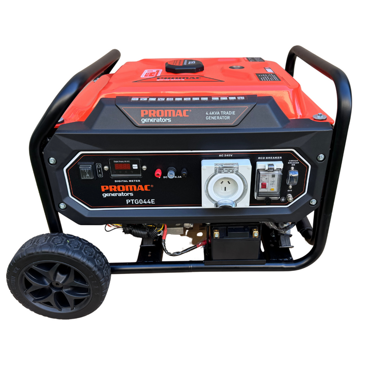 4.4KVA petrol generator featuring a durable design, digital display, and heavy-duty wheel kit for versatile worksite use.