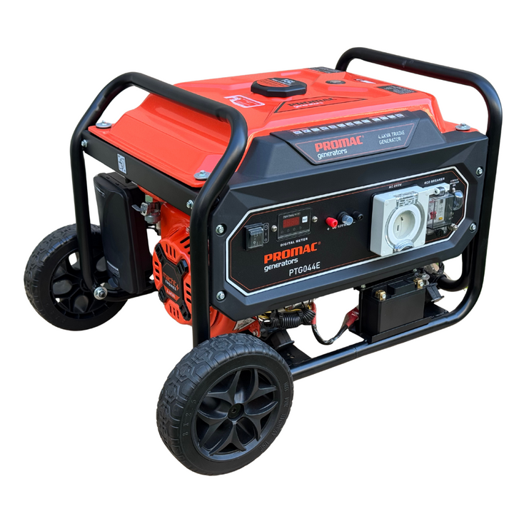 4.4KVA petrol generator with IP66 outlet, RCD, heavy duty wheel kit, and digital display by PROMAC.